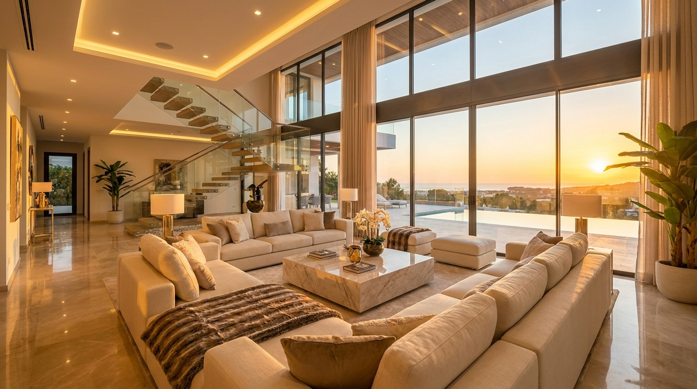 Villa Serena living room bathed in golden hour light